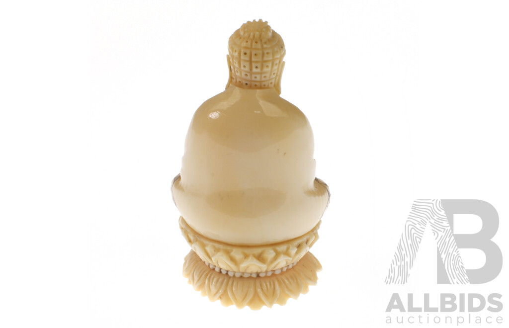 Antique Japanese Hand Carved and Dyed Ivory Netsuke of Guanyin on Lotus Throne