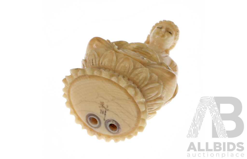 Antique Japanese Hand Carved and Dyed Ivory Netsuke of Guanyin on Lotus Throne