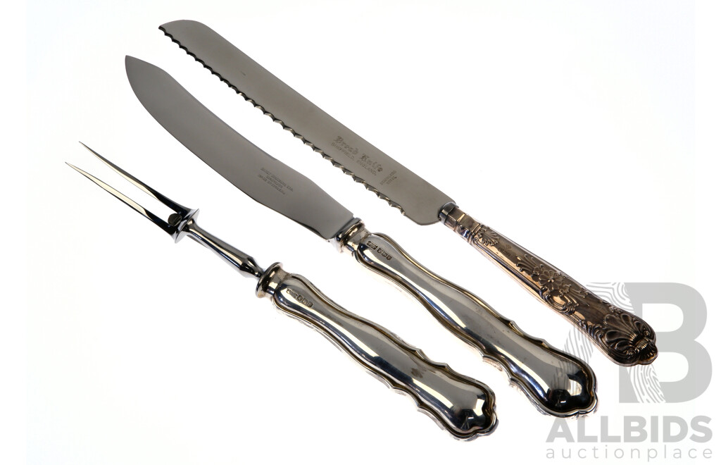 Vintage Carving Set with Sterling Silver Handles, Hardy Brothers, Sheffield, 1948 Along with Bread Knife with Sterling Silver Handle in Kings Pattern, Sheffield 1977
