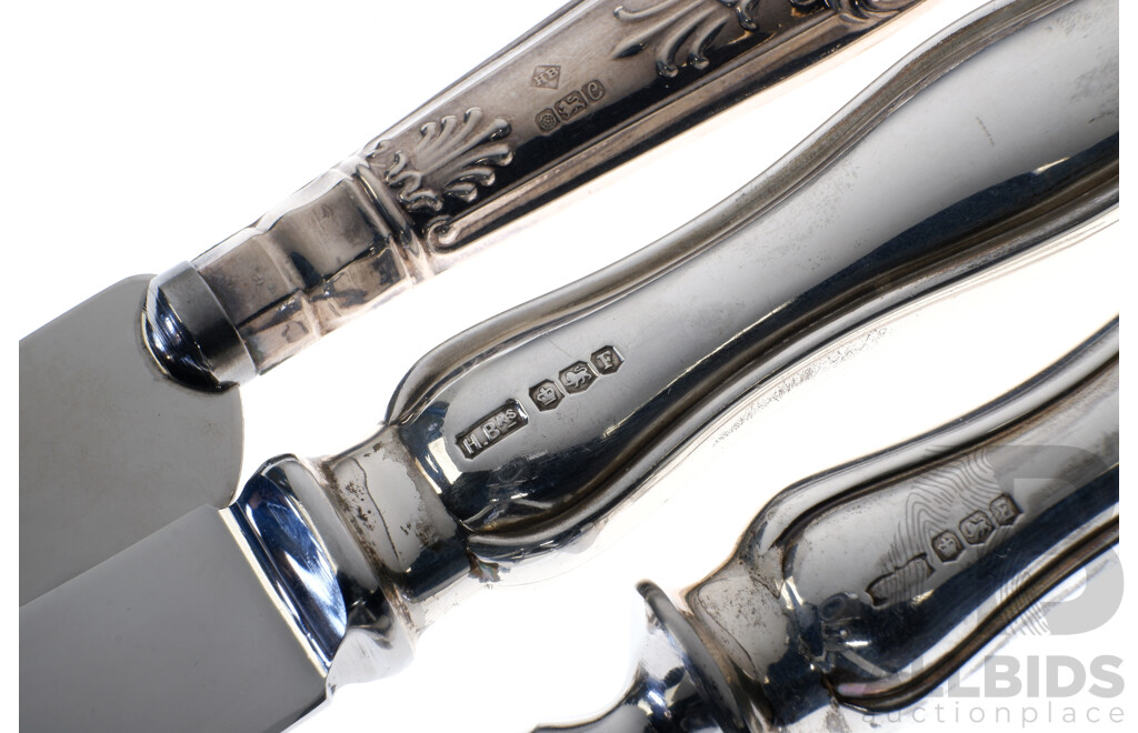 Vintage Carving Set with Sterling Silver Handles, Hardy Brothers, Sheffield, 1948 Along with Bread Knife with Sterling Silver Handle in Kings Pattern, Sheffield 1977