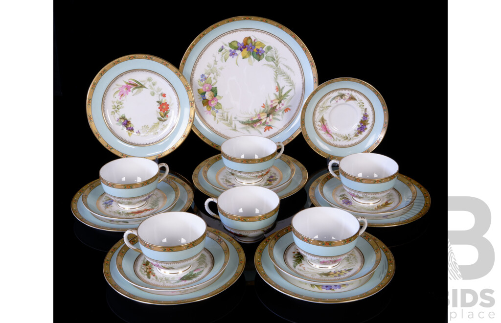 Antique English Royal Worcester Porcelain 19 Piece Tea Service with Hand Painted Floral Themed Detail, Puce Mark, Circa 1860s