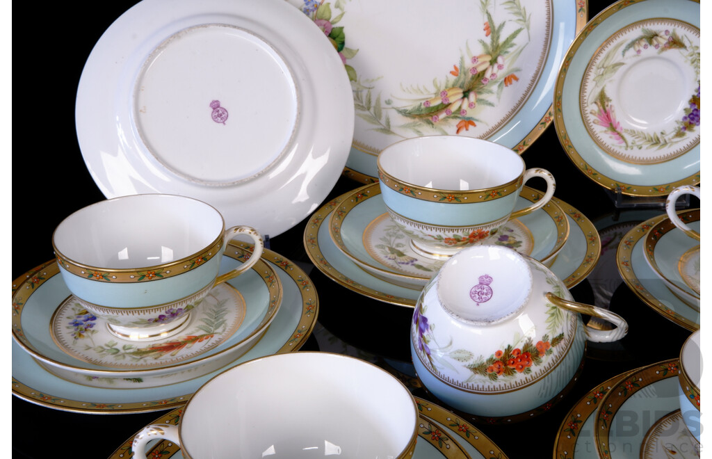 Antique English Royal Worcester Porcelain 19 Piece Tea Service with Hand Painted Floral Themed Detail, Puce Mark, Circa 1860s