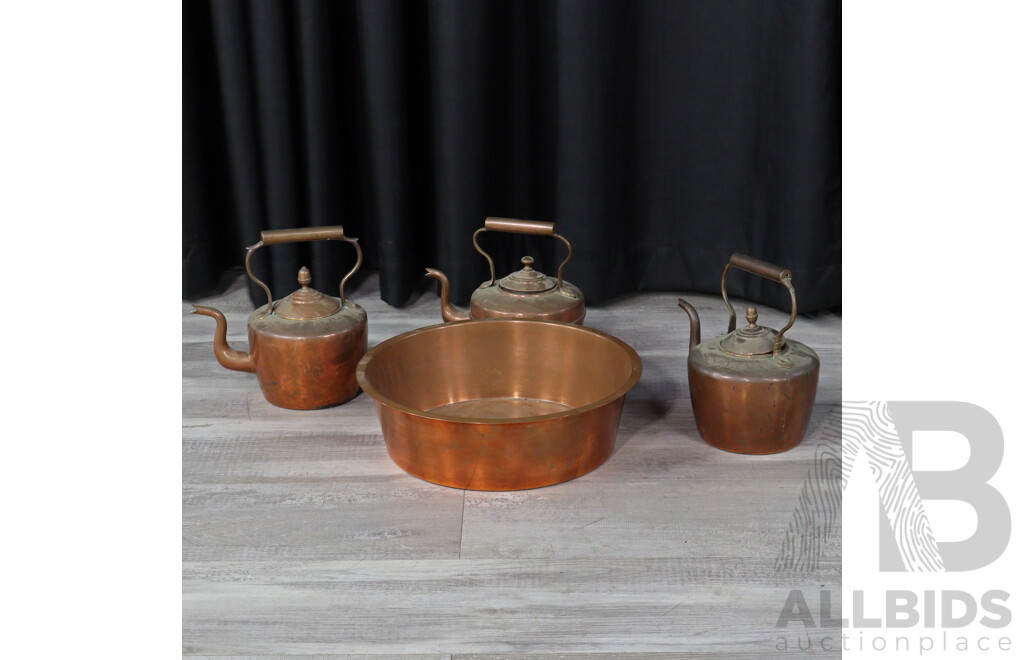 Collection Three Antique Copper Lidded Kettles and Preserving Pan