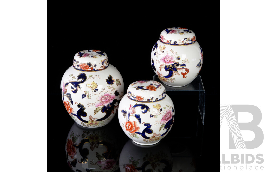 Collection Three English Masons Ironstone Lidded Ginger Jars in Mandalay Pattern with 22KT Gold Highlights