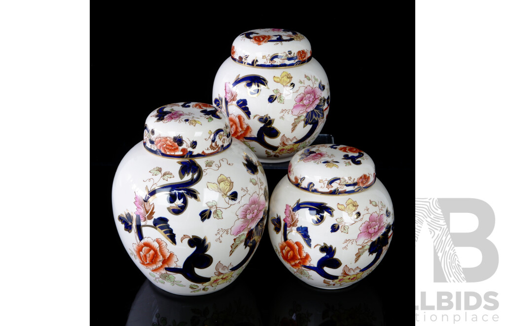 Collection Three English Masons Ironstone Lidded Ginger Jars in Mandalay Pattern with 22KT Gold Highlights