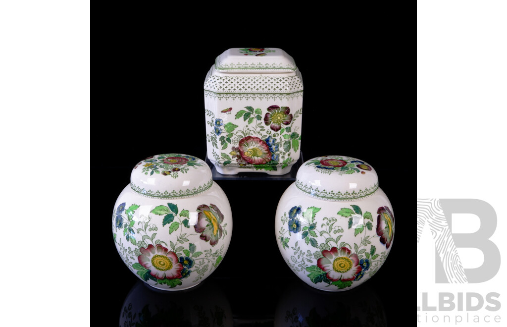 Collection Two English Masons Ironstone Lidded Ginger Jars and One Square Example in Paynsley Pattern