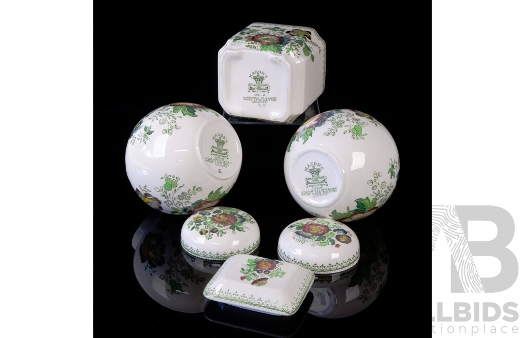 Collection Two English Masons Ironstone Lidded Ginger Jars and One Square Example in Paynsley Pattern