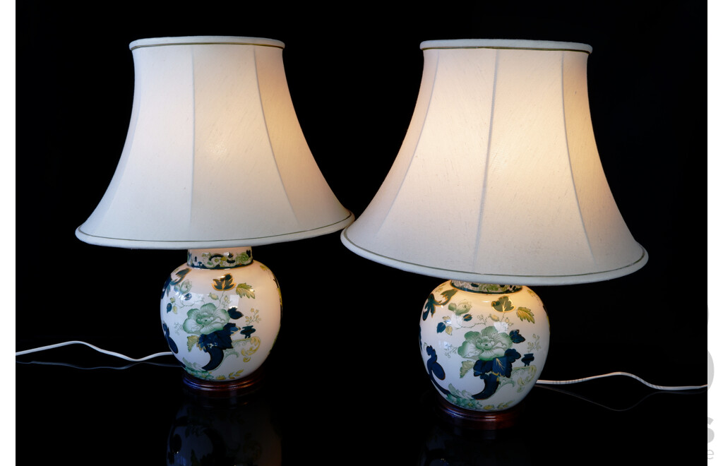 Pair English Masons Ironstone Lidded Ginger Jar Converted to Lamp Bases with Hand Painted 22KT Gold Highlights in Chartreuse Pattern