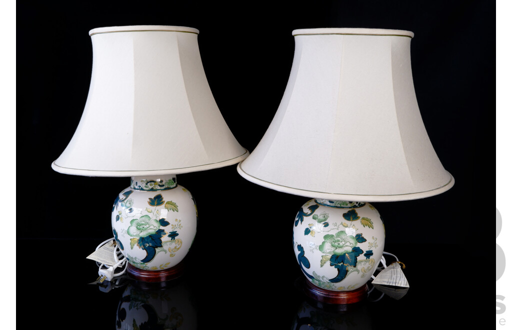 Pair English Masons Ironstone Lidded Ginger Jar Converted to Lamp Bases with Hand Painted 22KT Gold Highlights in Chartreuse Pattern