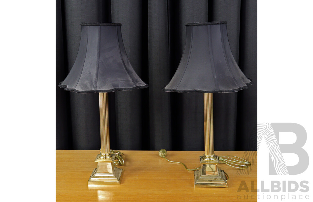 Pair Heavy Based Brass Columnar Form Lamps with Cloth Shades