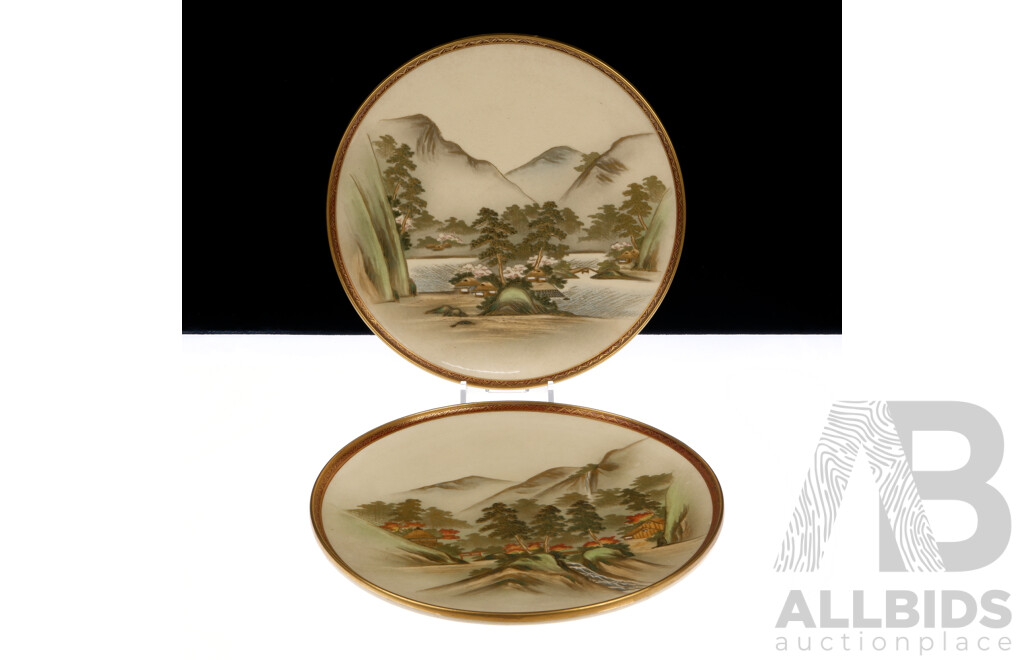 Two Antique Japanese Satsuma Porcelain Display Plates with Intricate Landscape Scene