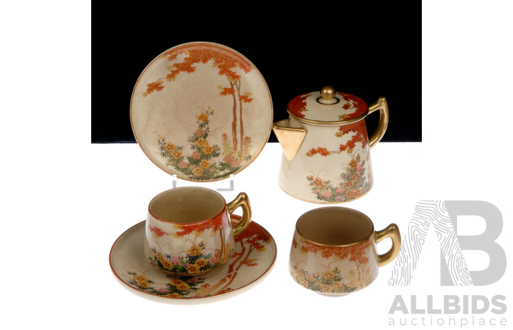 Two Antique Japanese Satsuma Porcelain Duos with Matching Lidded Coffee Pot