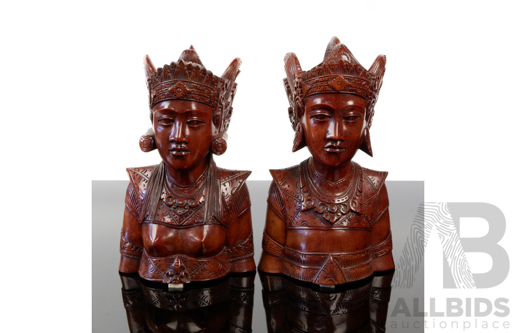 Vintage Pair Hand Carved Wooden Balinese Male & Female Busts