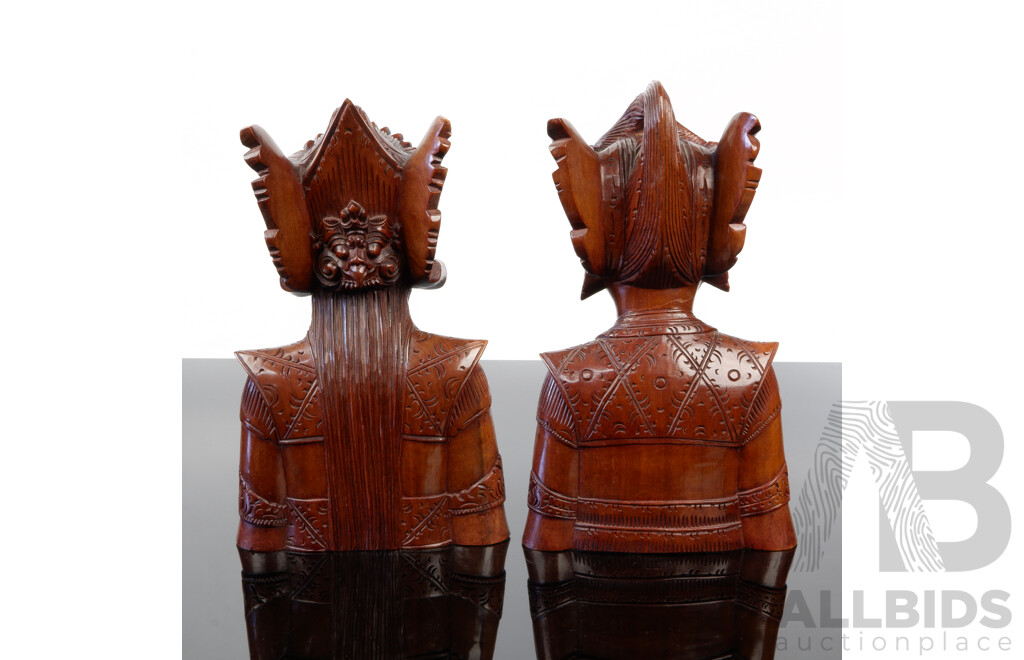 Vintage Pair Hand Carved Wooden Balinese Male & Female Busts