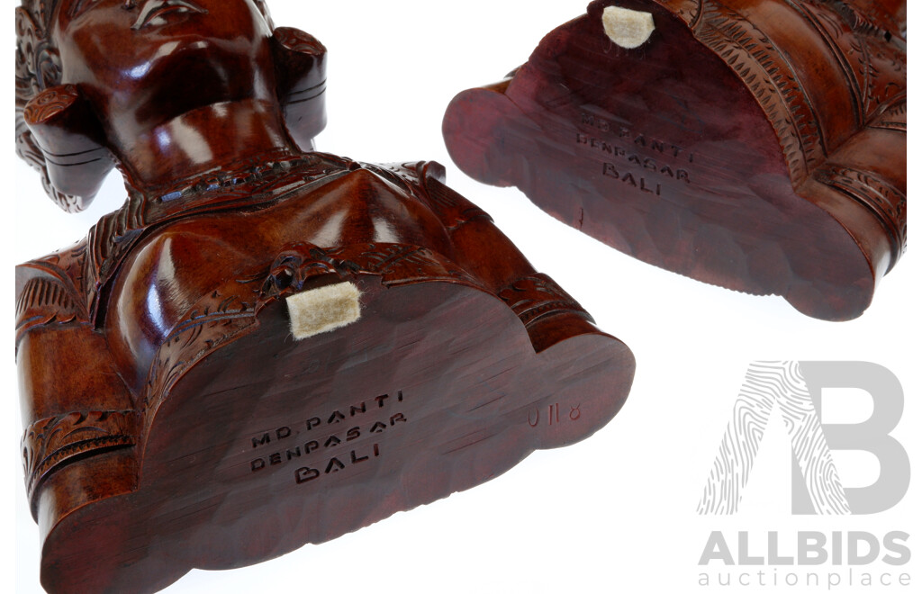 Vintage Pair Hand Carved Wooden Balinese Male & Female Busts