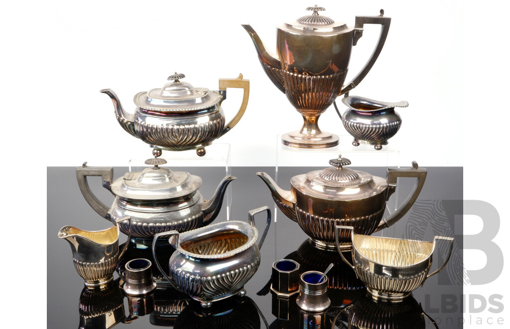 Collection Vintage and Other Silver Plate Pieces Including Three Salt Cellars with Bristol Blue Glass Liners, Two Teapot, Creamer and Sugar Dish Sets and More