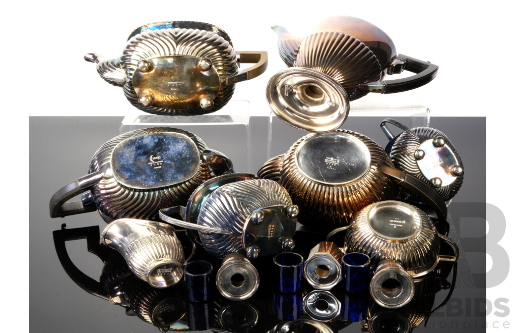 Collection Vintage and Other Silver Plate Pieces Including Three Salt Cellars with Bristol Blue Glass Liners, Two Teapot, Creamer and Sugar Dish Sets and More