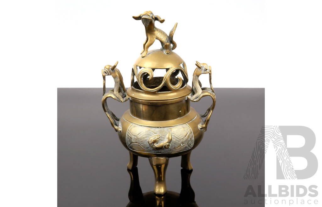 Vintage Japanese Cast Brass Lidded Censer with Shishi Lion Dog Finial