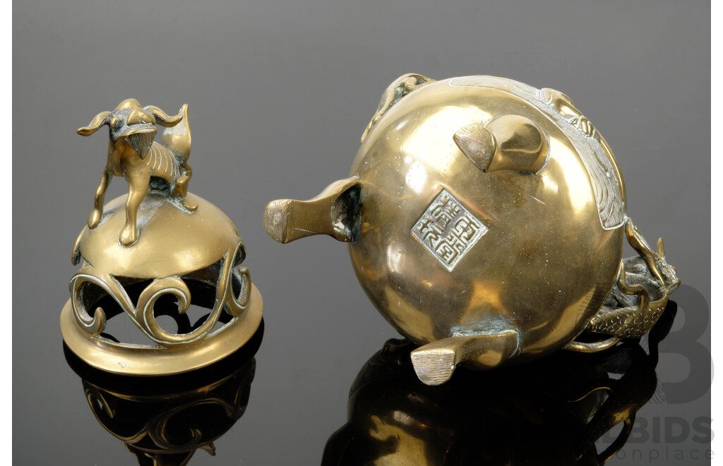 Vintage Japanese Cast Brass Lidded Censer with Shishi Lion Dog Finial
