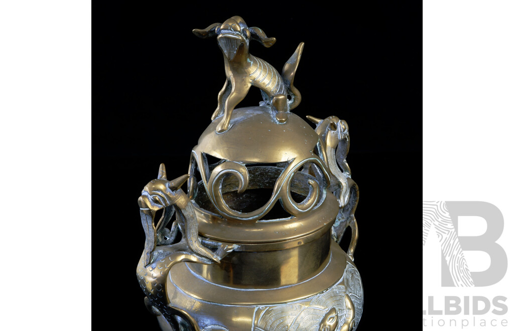 Vintage Japanese Cast Brass Lidded Censer with Shishi Lion Dog Finial