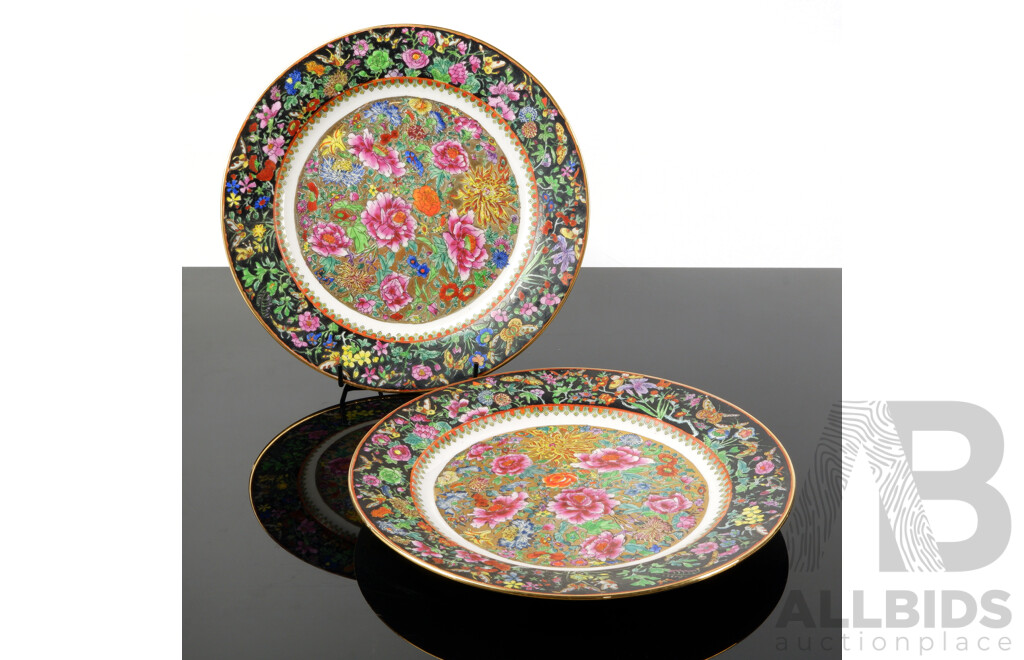 Pair Antique Chinese Famille Noir Hand Decorated Plates with Detailed Floral Theme