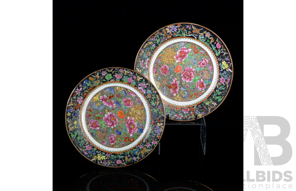 Pair Antique Chinese Famille Noir Hand Decorated Plates with Detailed Floral Theme