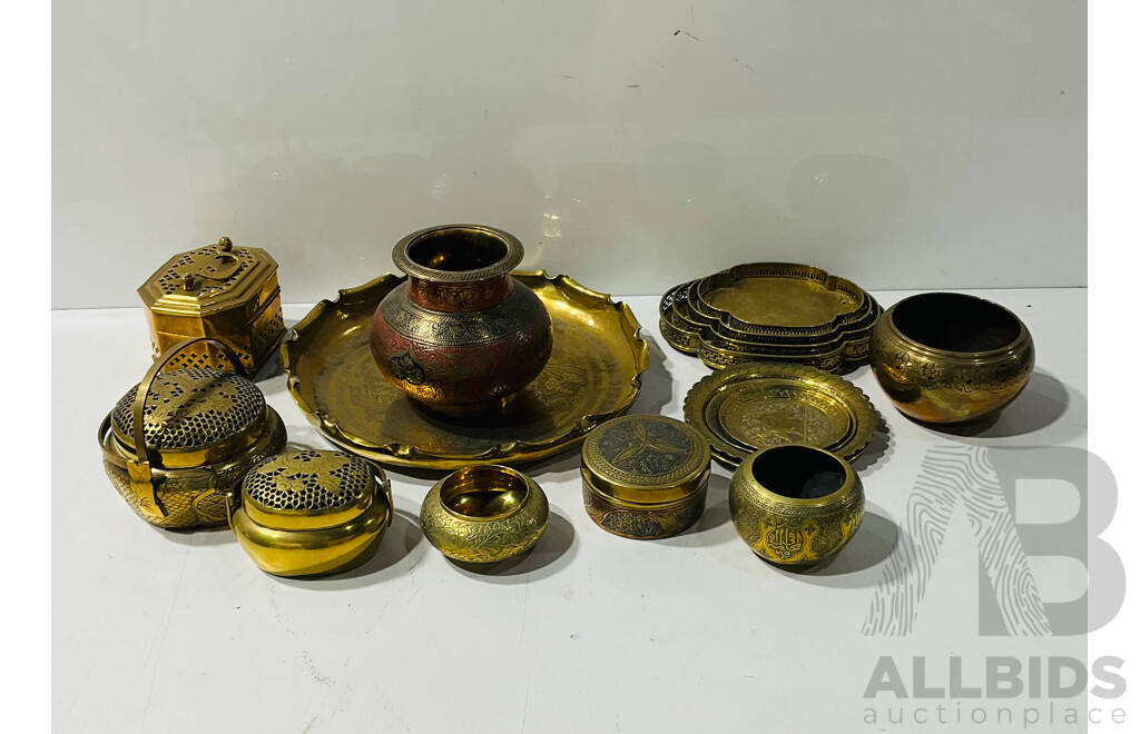 Collection Indian and Asian Brass Items Included Lidded Pot Pouri and More