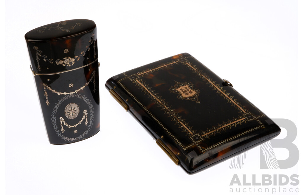 Antique  Tortoise Shell Pique Silver Inlayed Scent Bottle Case and Cigarette Case with Monogram to Front