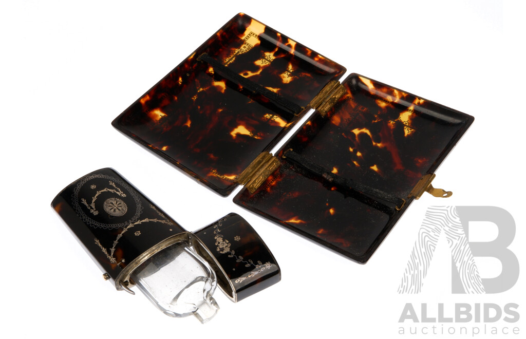 Antique  Tortoise Shell Pique Silver Inlayed Scent Bottle Case and Cigarette Case with Monogram to Front