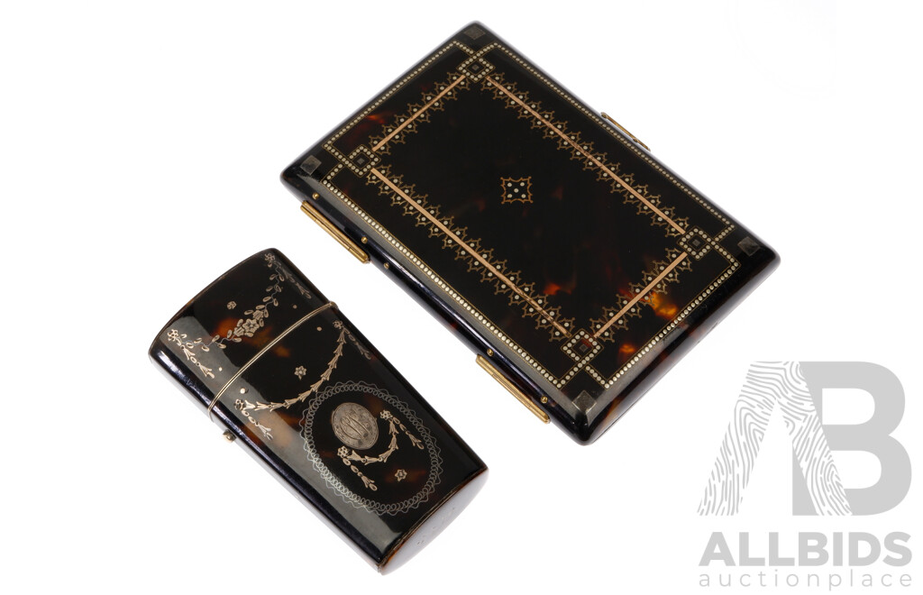 Antique  Tortoise Shell Pique Silver Inlayed Scent Bottle Case and Cigarette Case with Monogram to Front