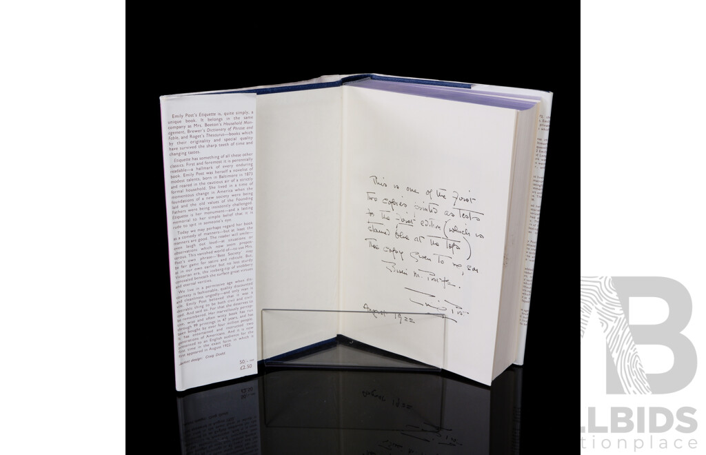 Facsimile Replica Edition of the 1922 Edition, Emily Posts Etiquette, Cassel, 1969, Cloth Bounf Hardcover with Dust Jacket