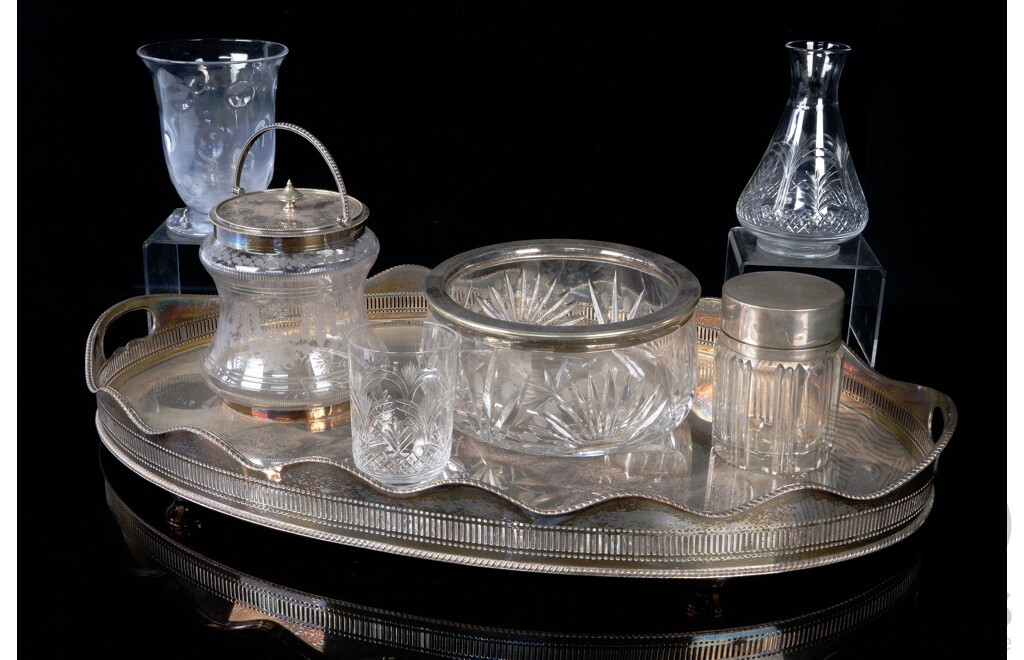 Collection Antique & Vintage Items Including Silver Plate Butlers Tray, Three Pieces with Silver Plate Collars, Webb Crystal Decanter, Tumbler & Dimpled Vase