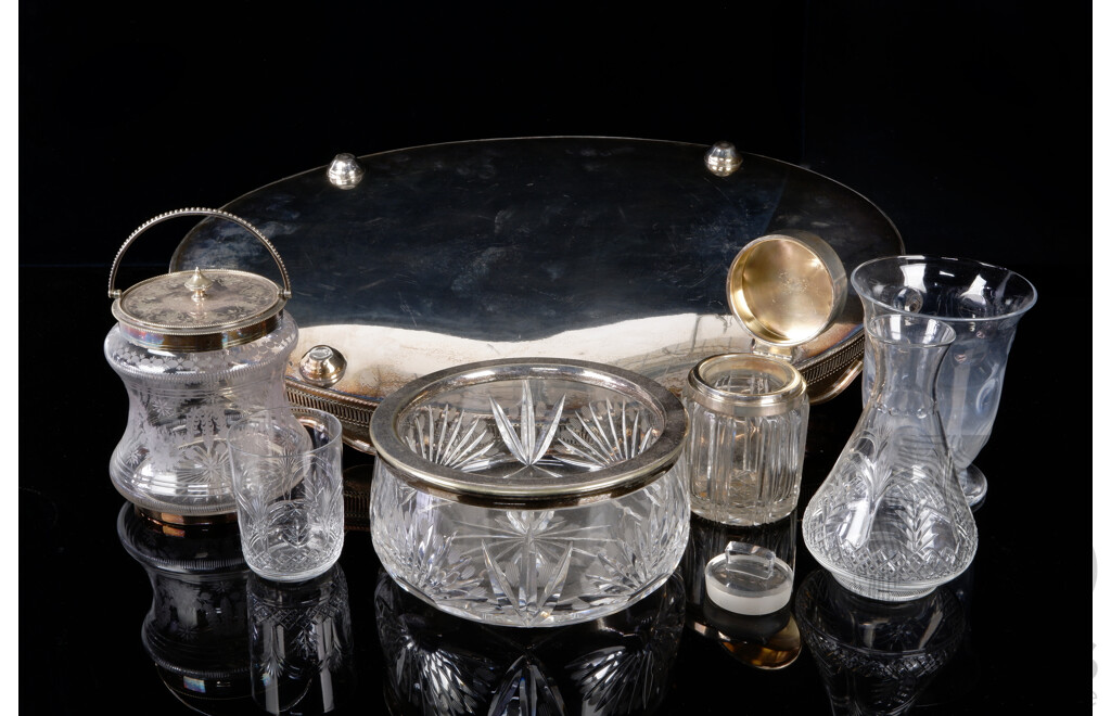Collection Antique & Vintage Items Including Silver Plate Butlers Tray, Three Pieces with Silver Plate Collars, Webb Crystal Decanter, Tumbler & Dimpled Vase