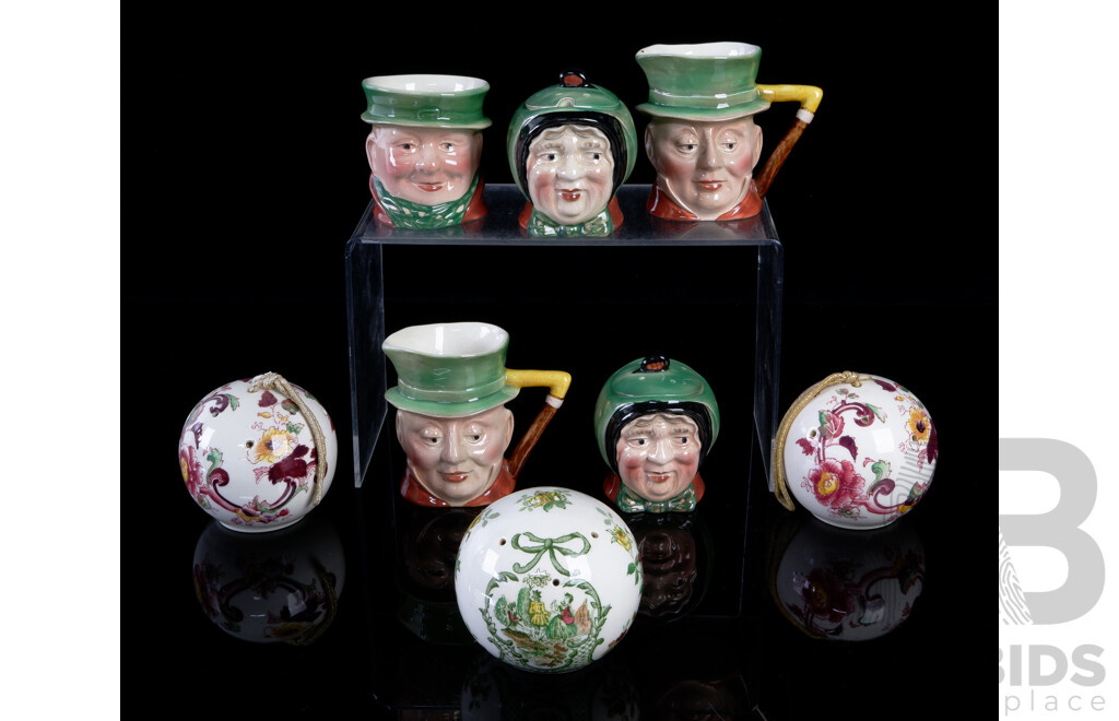 Collection English Ceramic Pieces Comprising Set Three Floris London Christmas Baubles, Pair Beswick Sairey Gamp Lidded Dishes, Pair Beswick Beswick Micawber Jugs and More