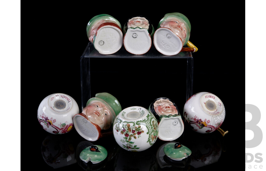 Collection English Ceramic Pieces Comprising Set Three Floris London Christmas Baubles, Pair Beswick Sairey Gamp Lidded Dishes, Pair Beswick Beswick Micawber Jugs and More