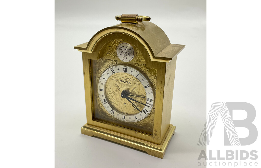Vintage Brass Swiza Tempus Fugit Eight Day Alarm Clock, Swiss Made