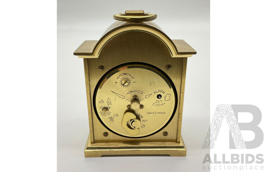 Vintage Brass Swiza Tempus Fugit Eight Day Alarm Clock, Swiss Made