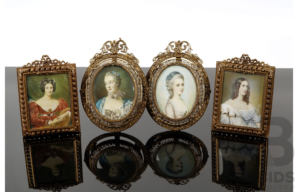 Collection of Four Antique Miniature Portraits of Regal Ladies, Pigment on Ivory, 8 X 7 Cm (images) (4)