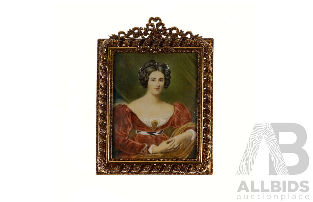 Collection of Four Antique Miniature Portraits of Regal Ladies, Pigment on Ivory, 8 X 7 Cm (images) (4)