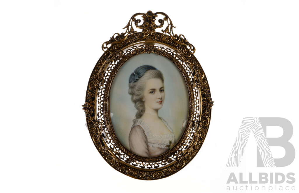 Collection of Four Antique Miniature Portraits of Regal Ladies, Pigment on Ivory, 8 X 7 Cm (images) (4)