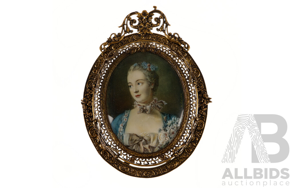 Collection of Four Antique Miniature Portraits of Regal Ladies, Pigment on Ivory, 8 X 7 Cm (images) (4)