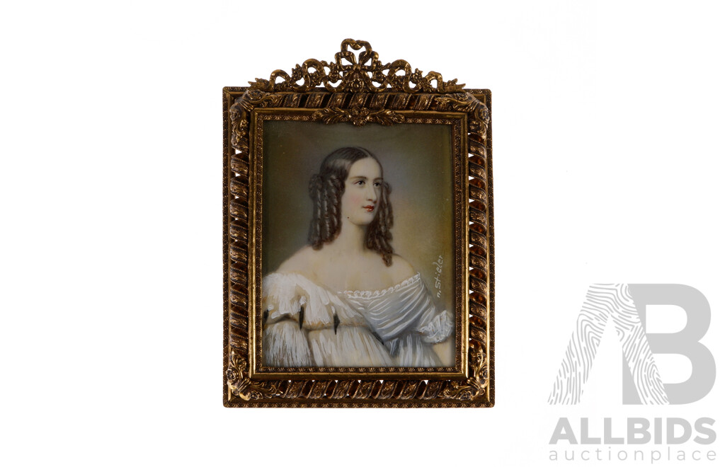 Collection of Four Antique Miniature Portraits of Regal Ladies, Pigment on Ivory, 8 X 7 Cm (images) (4)