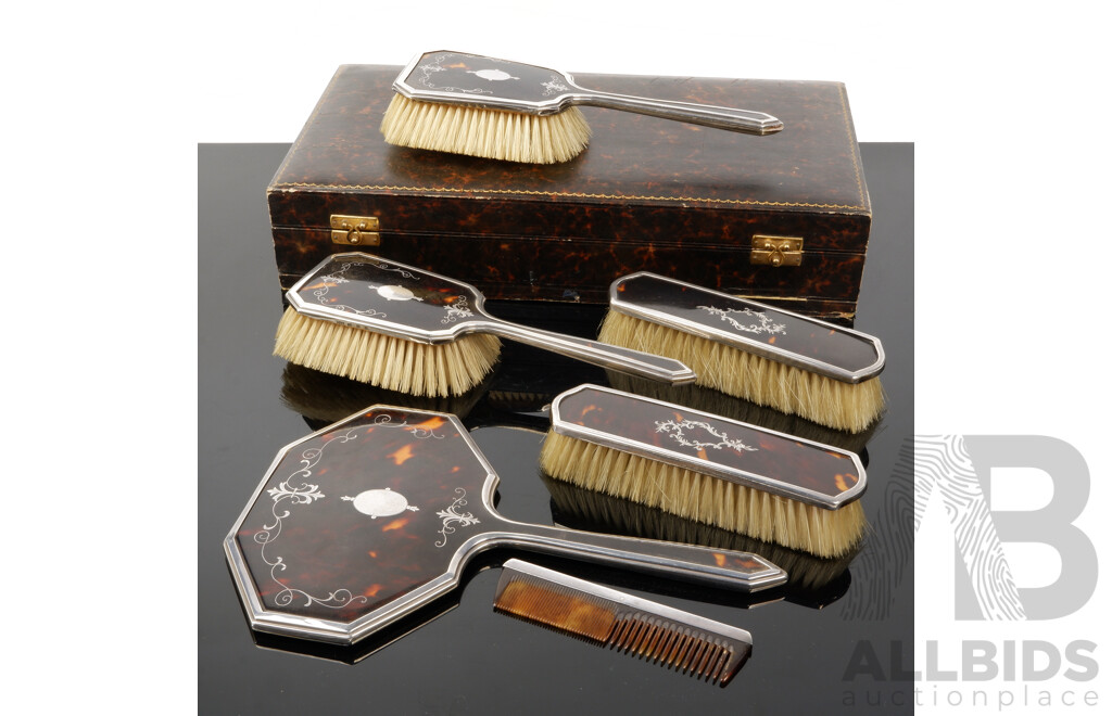 Antique Tortoise Pique Inlay Shell Vanity Set with Sterling Silver Mounts in Original Case, Birmingham 1926