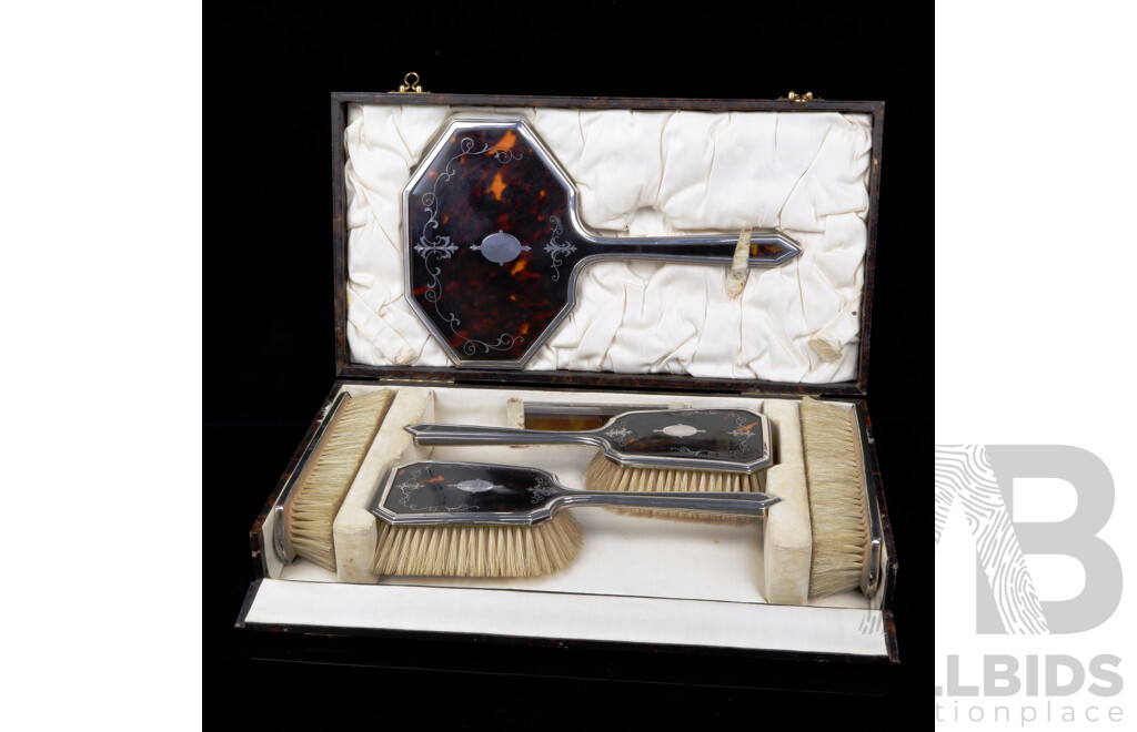 Antique Tortoise Pique Inlay Shell Vanity Set with Sterling Silver Mounts in Original Case, Birmingham 1926