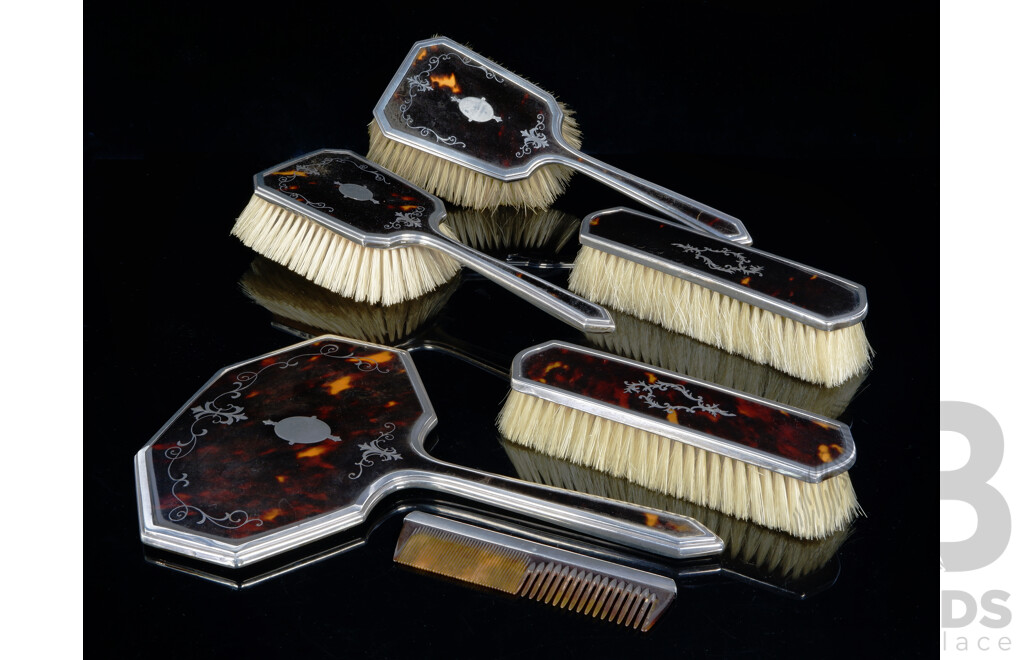 Antique Tortoise Pique Inlay Shell Vanity Set with Sterling Silver Mounts in Original Case, Birmingham 1926