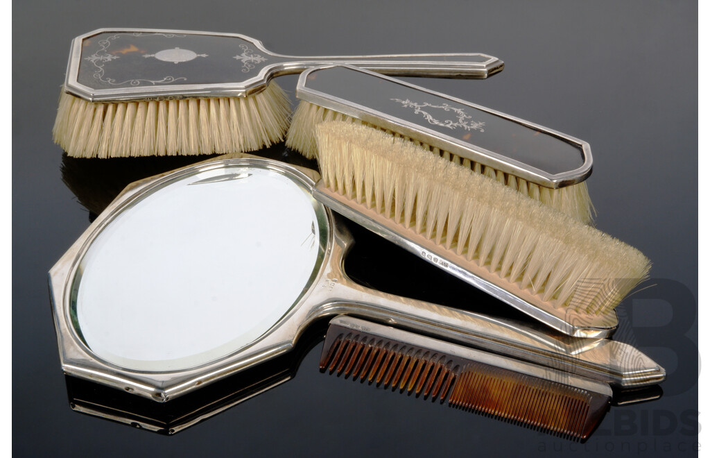 Antique Tortoise Pique Inlay Shell Vanity Set with Sterling Silver Mounts in Original Case, Birmingham 1926