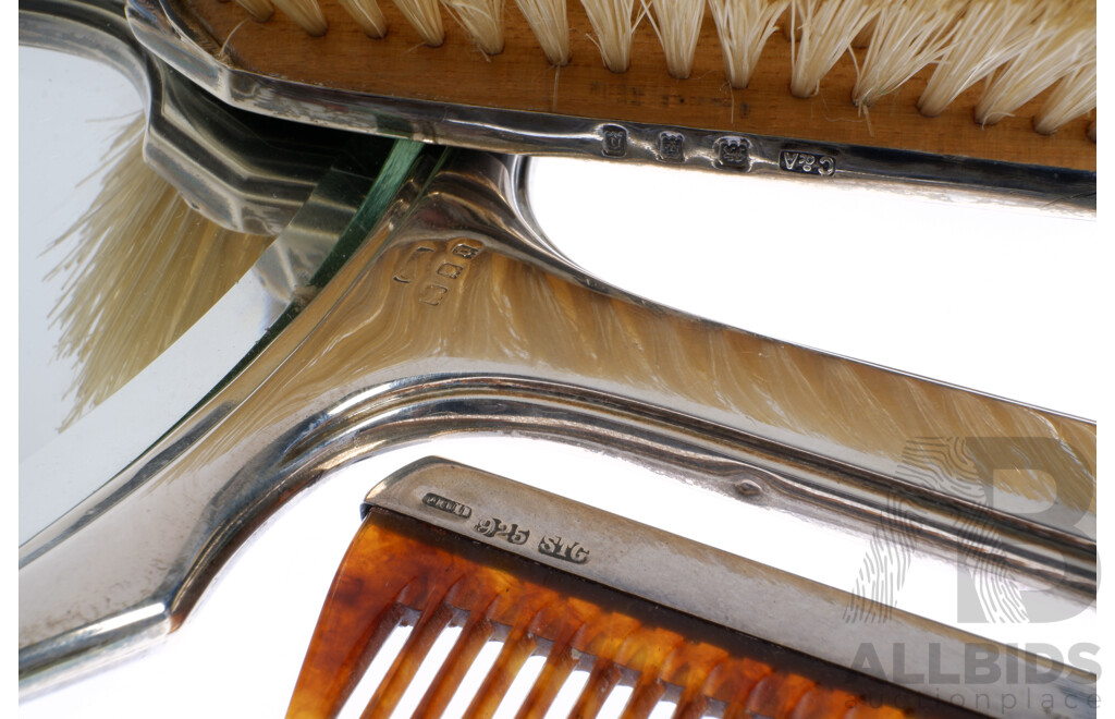 Antique Tortoise Pique Inlay Shell Vanity Set with Sterling Silver Mounts in Original Case, Birmingham 1926