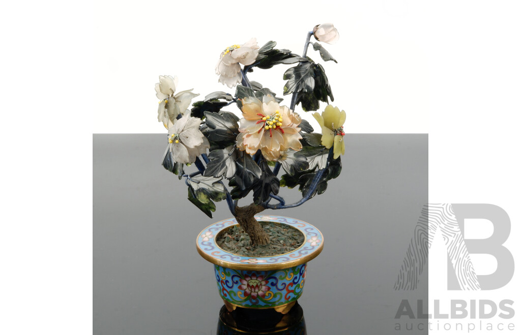 Chinese Tree with Soft Softstone Leaves in Cloisonne Pot