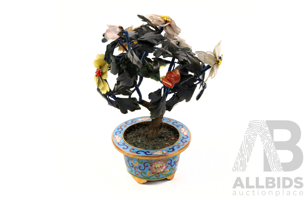 Chinese Tree with Soft Softstone Leaves in Cloisonne Pot