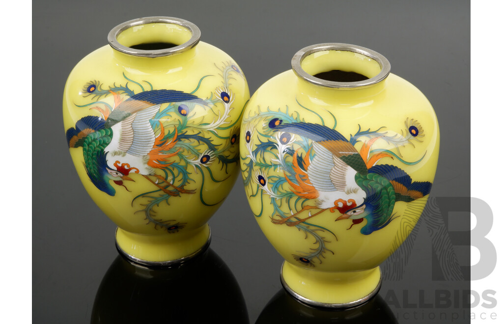 Pair Vintage Japanese Yellow Cloisonne Vases From the Ando School, Circa 1930s
